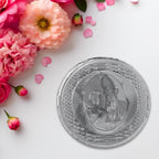Reverse side of the decorative coin, showing its smooth finish.