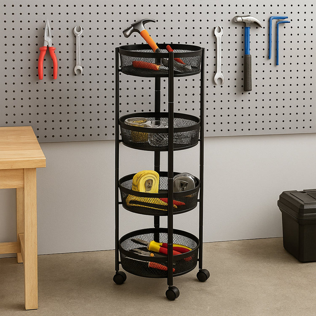 Close-up of round mesh basket organizer in sturdy metal frame with powder coating