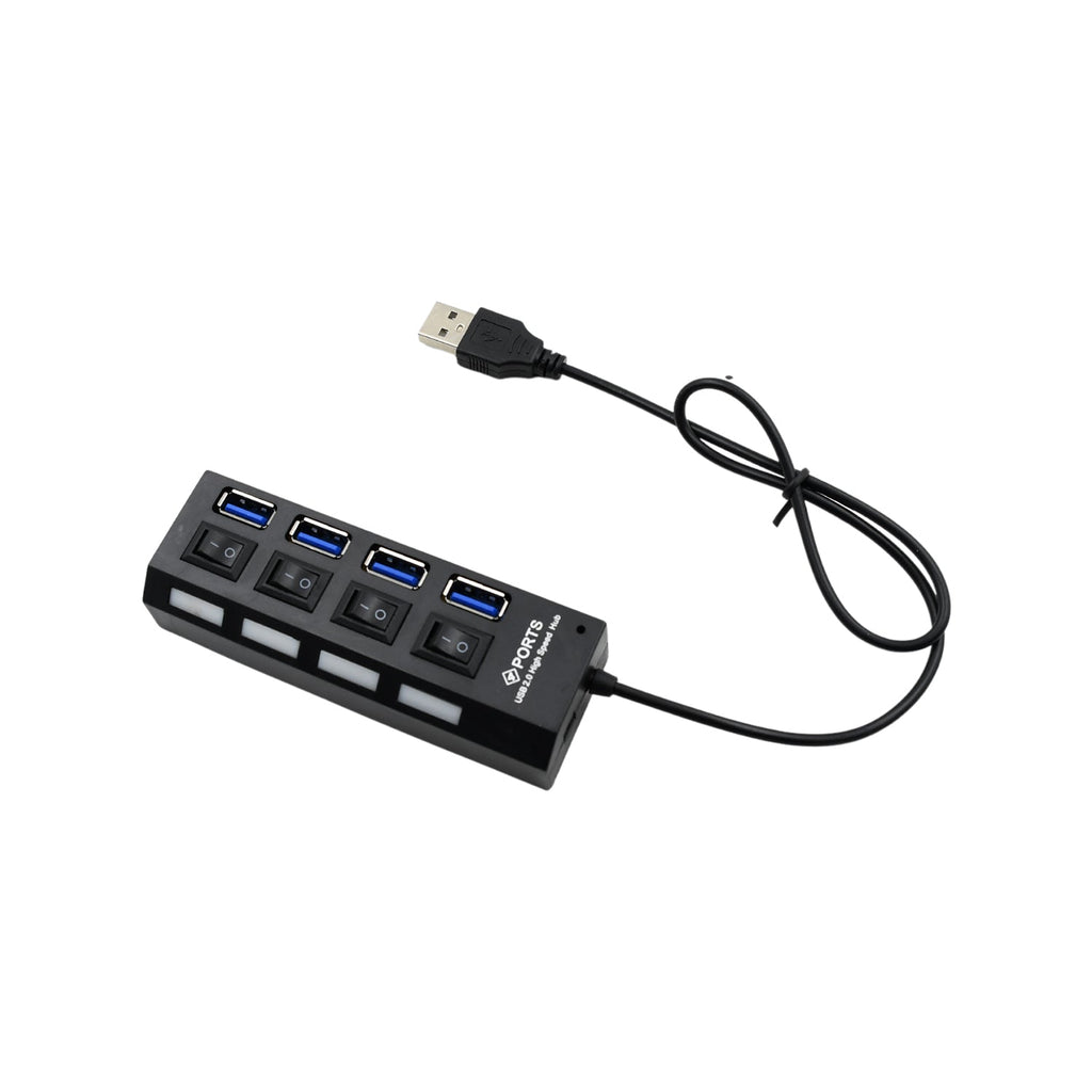 USB 2.0 hub with four ports, each featuring an LED indicator for power status.