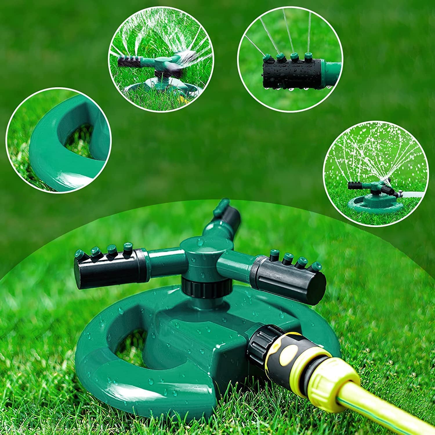 The base of a rotating garden sprinkler showing hose connection point.