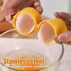 Instructional image showing how to place an egg into the handheld egg opener.
