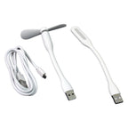 A compact Portable USB Fan Set with a mini fan, LED light, and micro USB cable, shown ready for use.