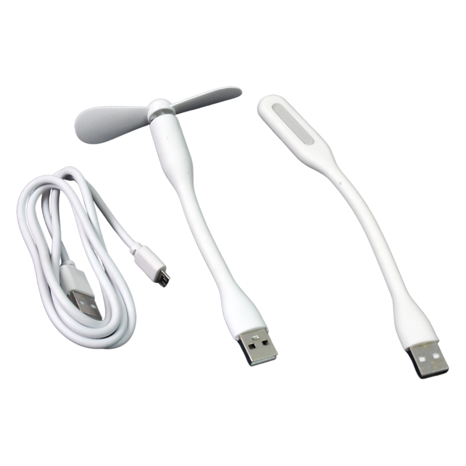 A compact Portable USB Fan Set with a mini fan, LED light, and micro USB cable, shown ready for use.