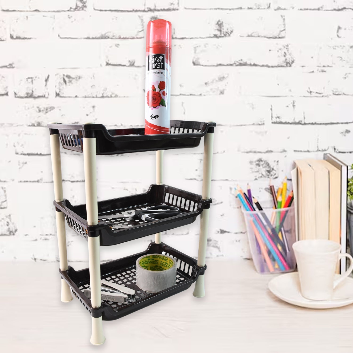 3-Tier Plastic Storage Rack used as bathroom organizer holding toiletries