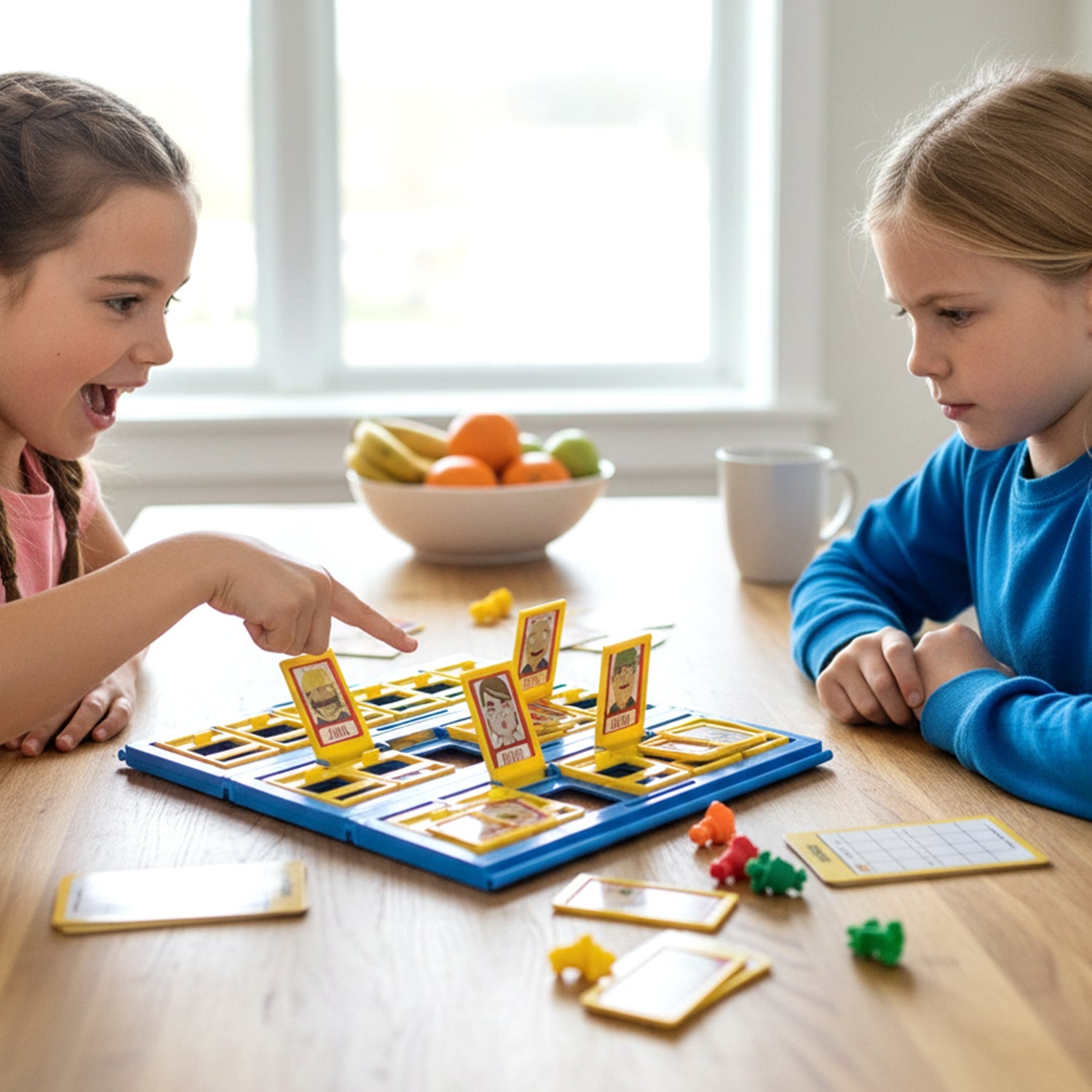 Who Am I guessing game pieces and board closeup for kids indoor play