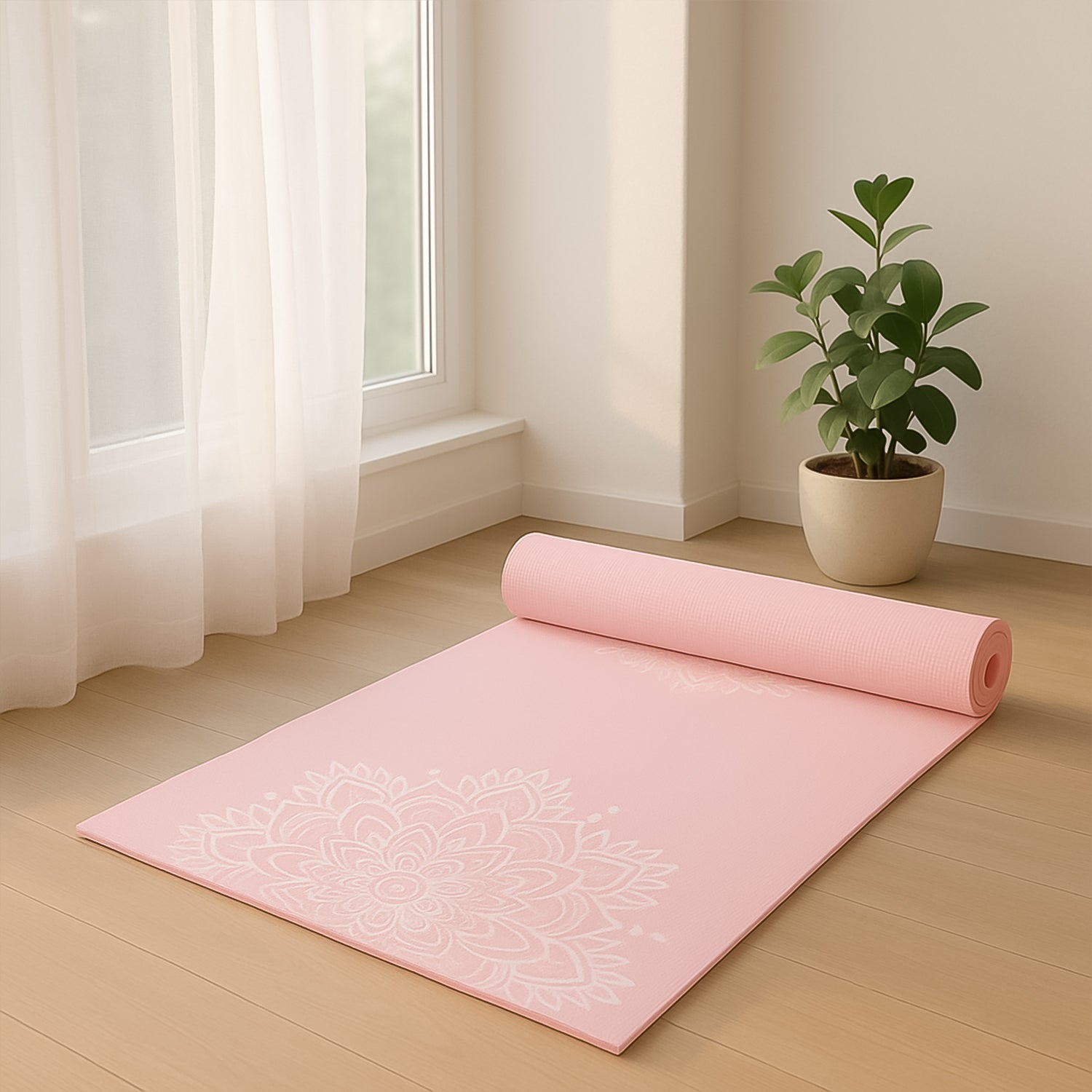 Lightweight rolled yoga mat with printed design for exercise
