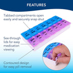 Top view of weekly pill organizer showing AM and PM compartments