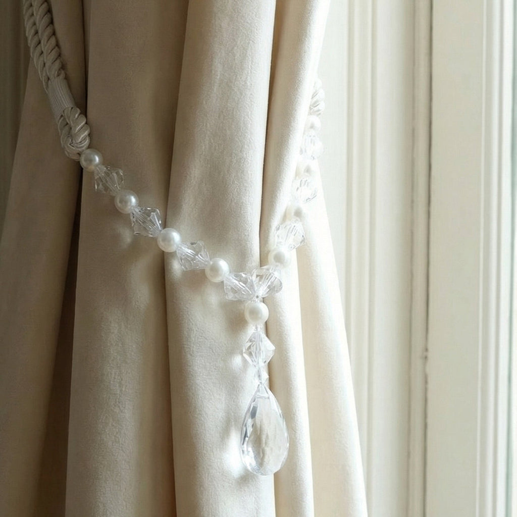 Elegant beaded drapery strap as crystal pearl curtain tieback