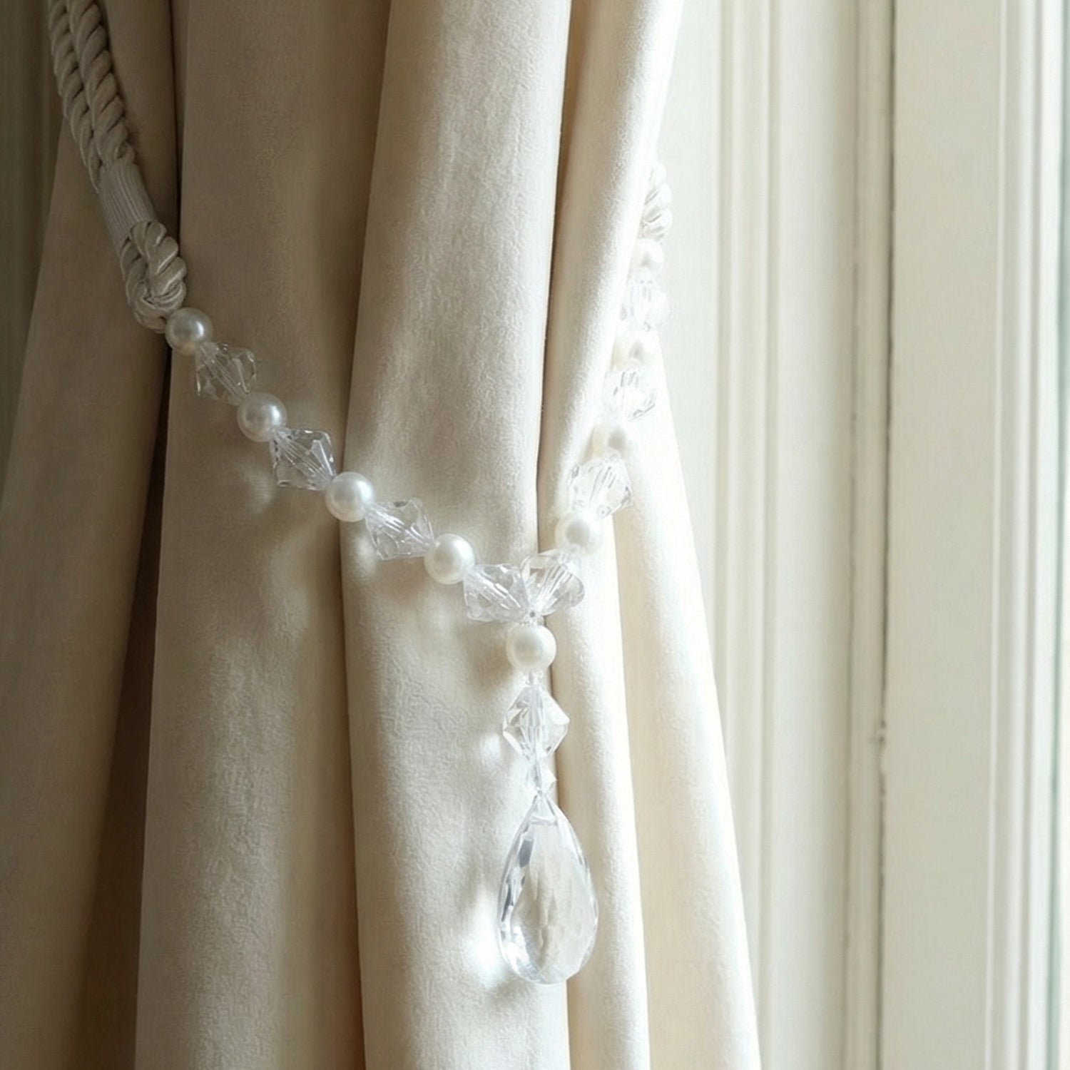 Elegant beaded drapery strap as crystal pearl curtain tieback