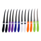 Fully displayed 12-piece stainless steel serrated knife set on kitchen surface.