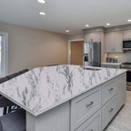 Detailed texture view of marble pattern on peel and stick kitchen wallpaper