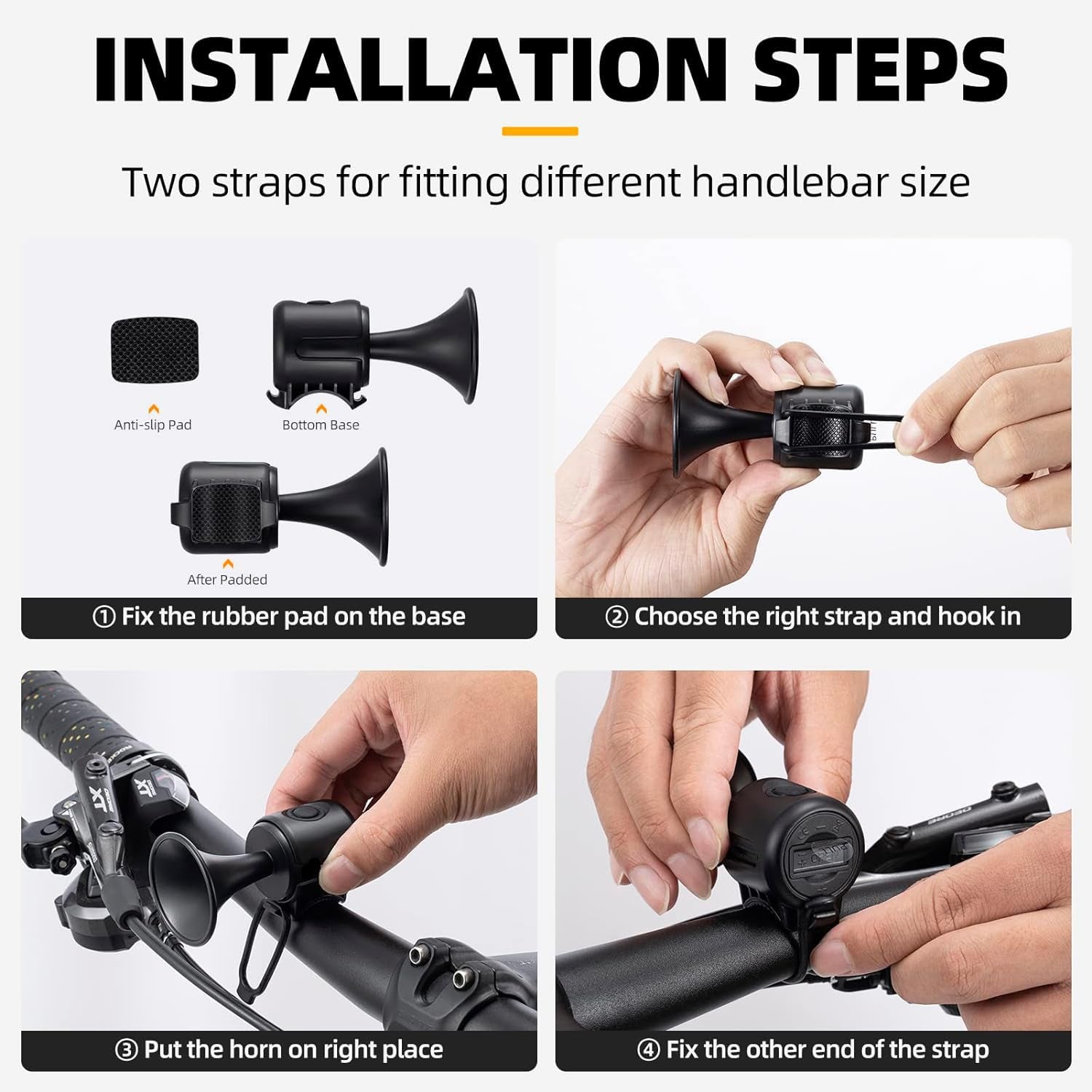 Electronic bike horn highlighting its long-lasting battery for extended, reliable performance.