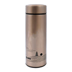 Multiple views of the Own Hydrate stainless steel water bottle, emphasizing its compact and travel-friendly size.