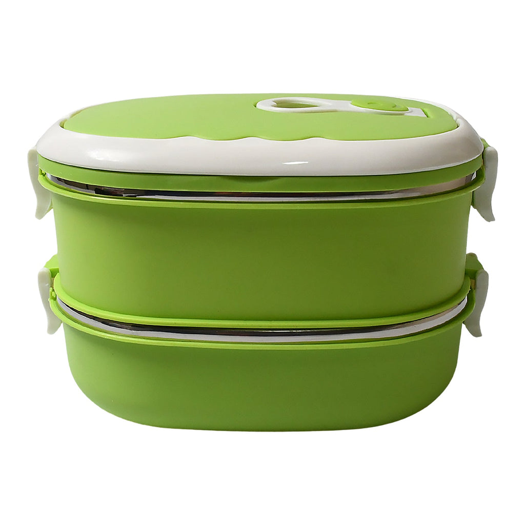 Close-up of the double-lock design and lid vent on the stainless steel lunch box.