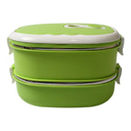 Close-up of the double-lock design and lid vent on the stainless steel lunch box.