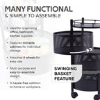 Side angle view of round metal kitchen trolley with wheels