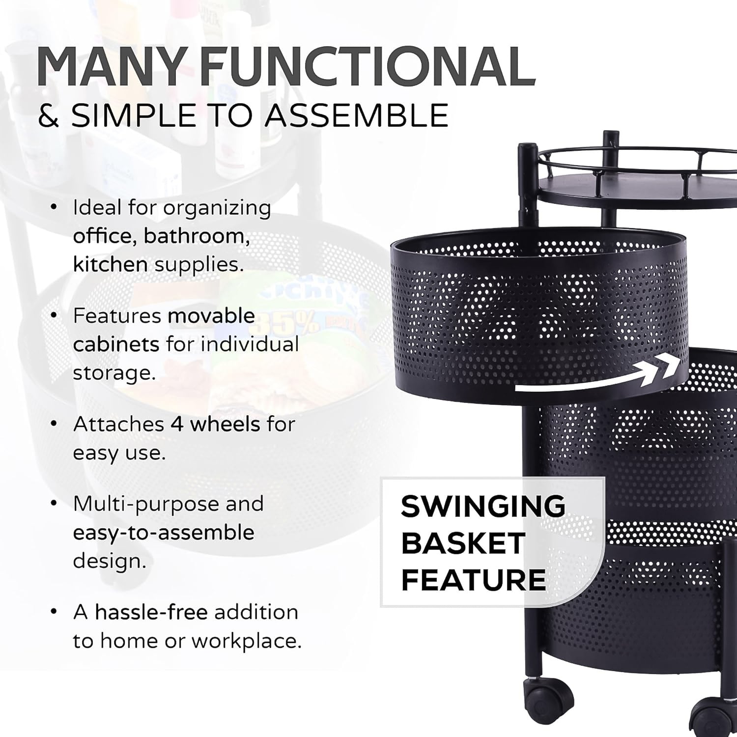 Side angle view of round metal kitchen trolley with wheels