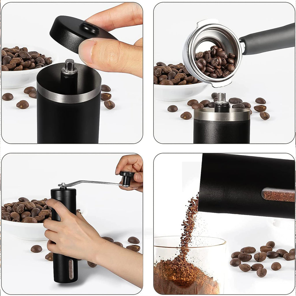 Detailed view of the Siplix manual coffee grinder's components, including its handle.