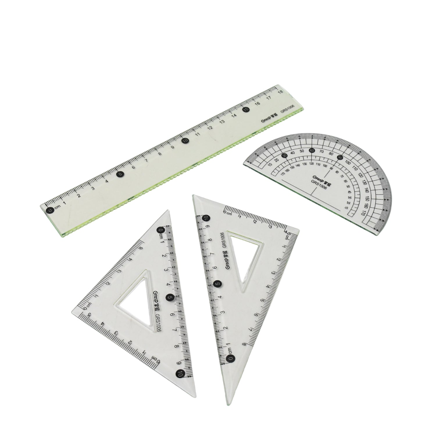 Close-up of ruler in 4-piece geometry set showing clear dual scale markings