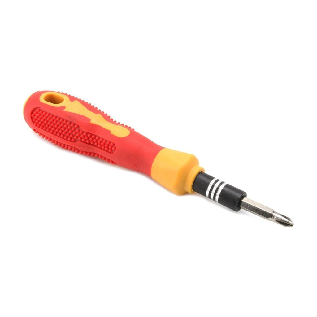 Close-up of the magnetic screwdriver handle and a bit, emphasizing precision for electronics repair.