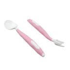 Rounded edges and soft tips of the food-grade silicone baby spoon and fork.