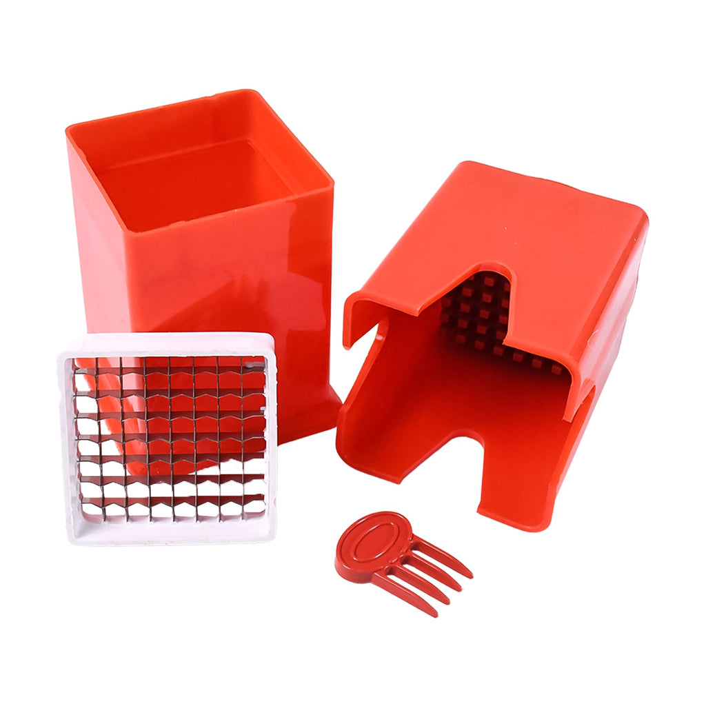 Handheld French fries cutter slicing potatoes into crispy fries