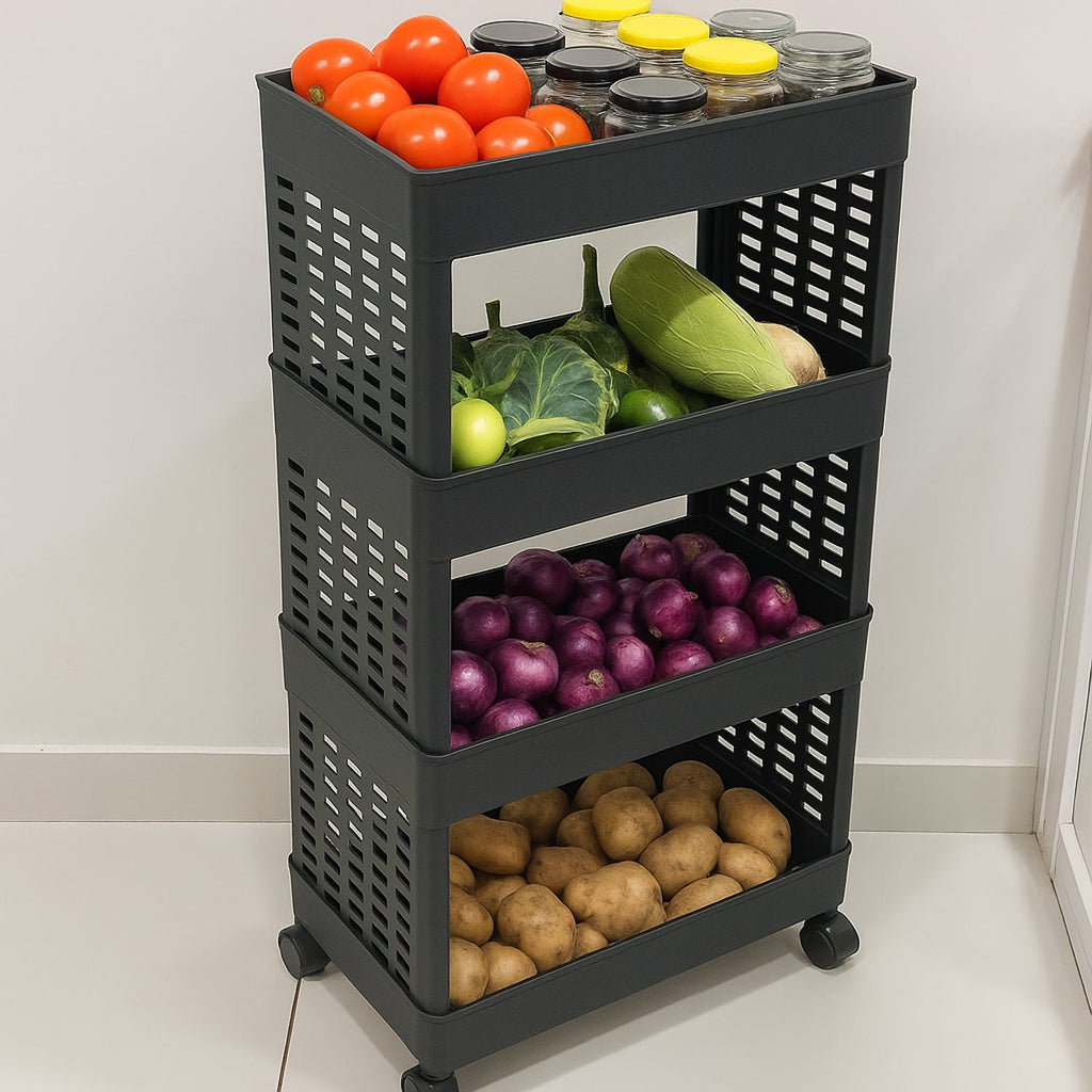 Close-up of the ventilated baskets on the 4-layer plastic storage rack, ensuring airflow.