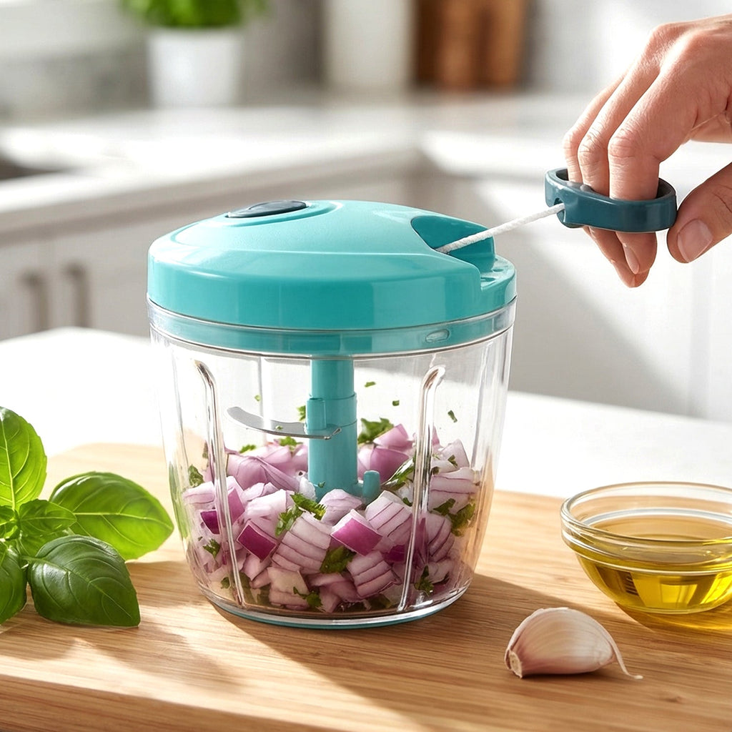 6 Blade Manual Food Chopper actively chopping various vegetables for quick meal prep.