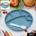 Overhead view of the 5-compartment BPA-free kids plate with food.