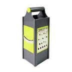 All-in-one durable vegetable slicer and grater demonstrating its components on a kitchen counter.
