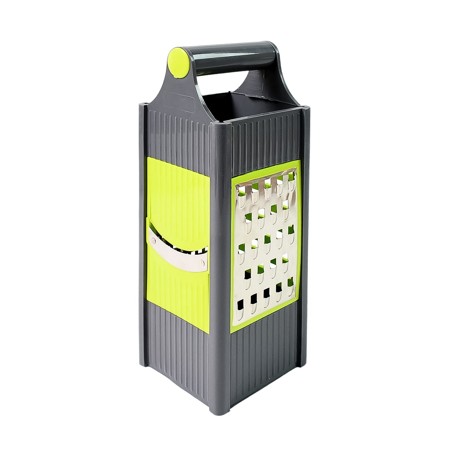 All-in-one durable vegetable slicer and grater demonstrating its components on a kitchen counter.