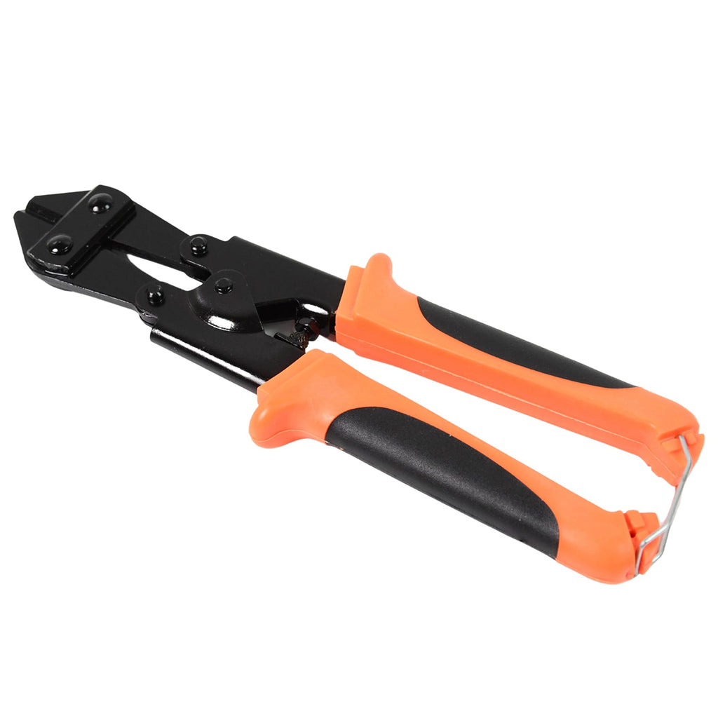 The heavy-duty mini bolt cutter cleanly severing a metal chain link.