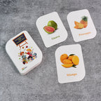 Laminated fruit flashcards with child-safe rounded corners for safe handling
