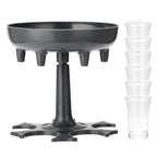 Overhead view of the complete Siplix 6-shot dispenser set with glasses on a tray.