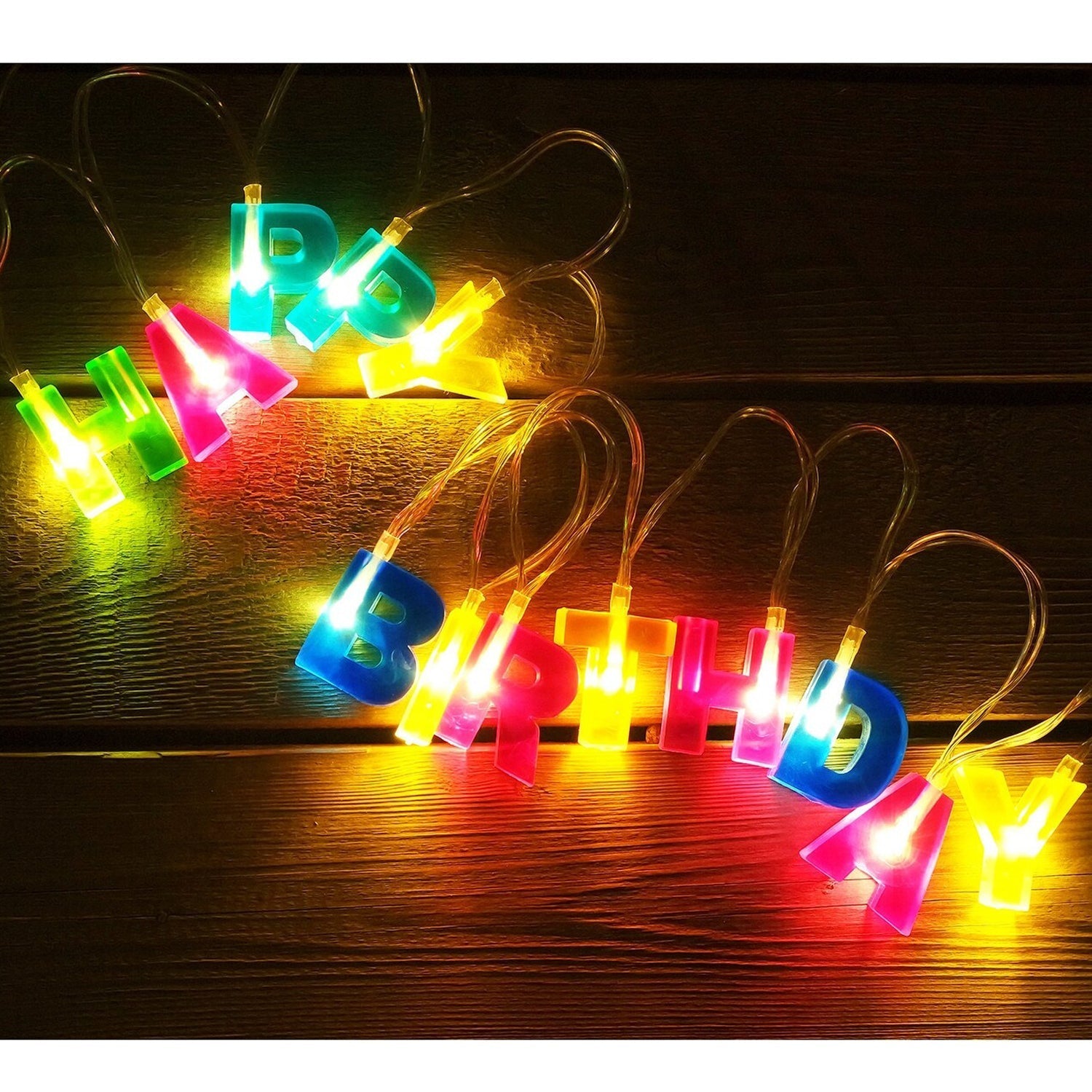 Decorative Happy Birthday LED string lights displaying vibrant colours for party ambience