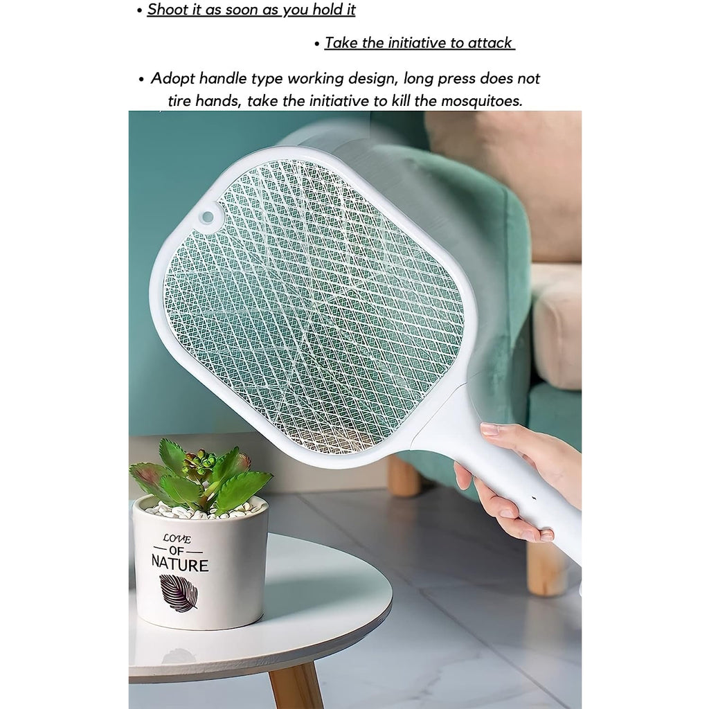 Mosquito zapper racket showcasing its integrated UV light lamp.