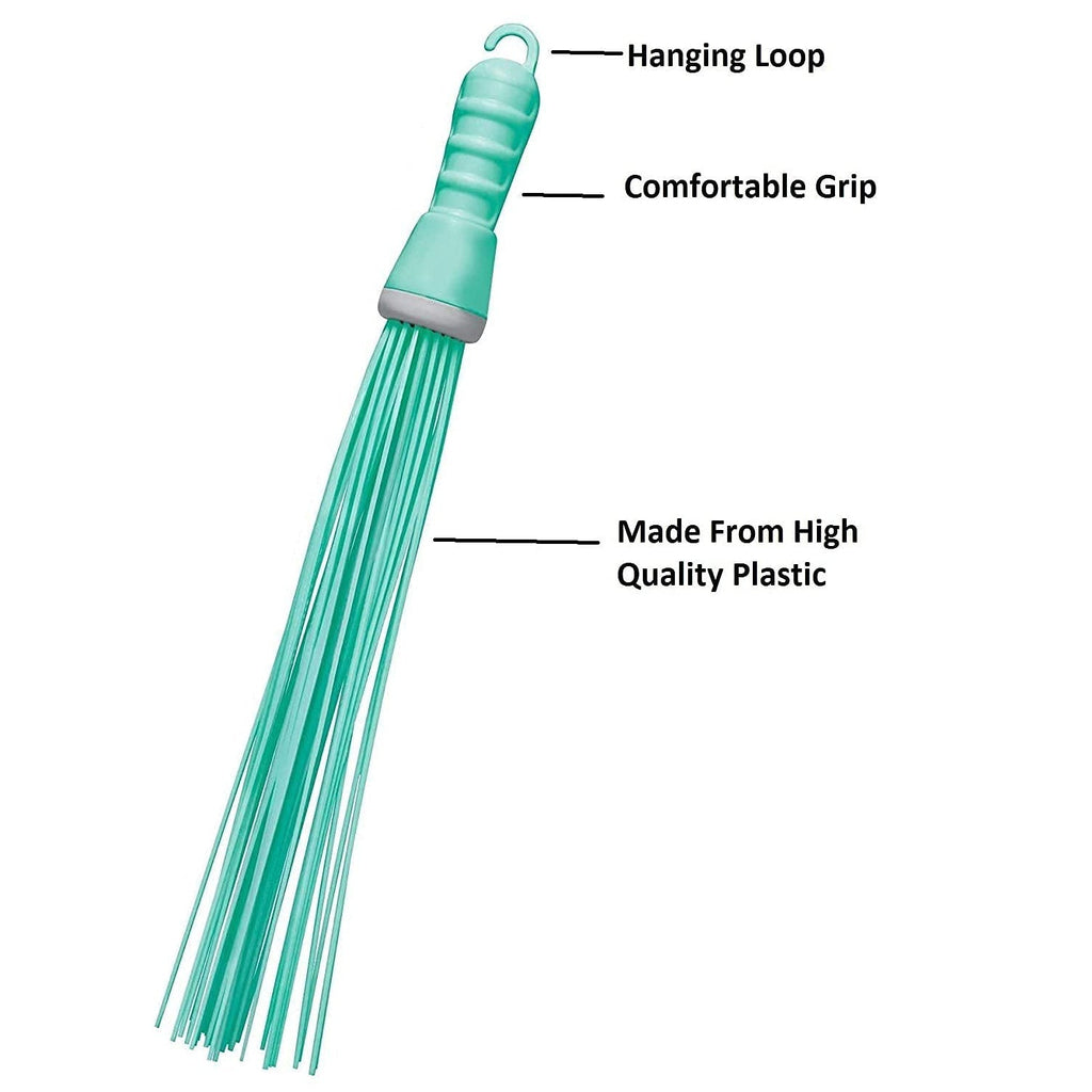 Compact plastic hard bristle broom, shown from a side angle, ready for cleaning.