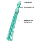 Compact plastic hard bristle broom, shown from a side angle, ready for cleaning.