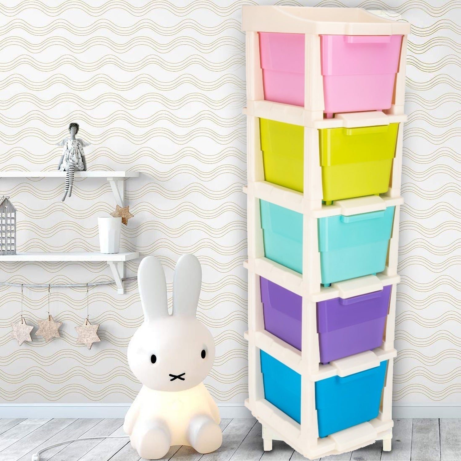 Front view of Organivo's 5-layer modular drawer storage unit, ideal for home organization.