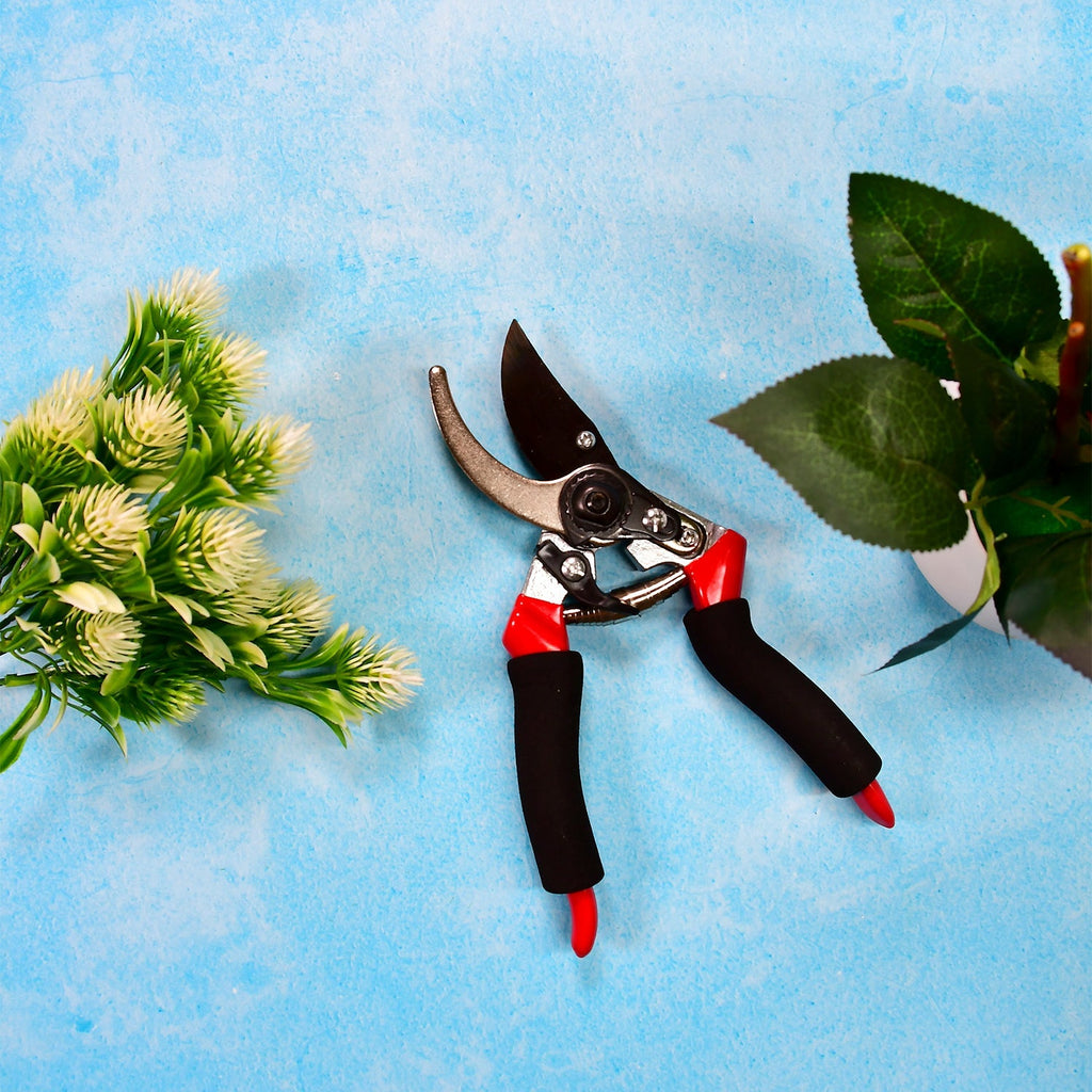 Red 21cm garden pruning shears with ergonomic handle.