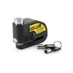 Alarm disc lock protecting motorcycle from theft