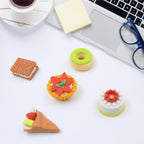 Set of five colourful 3D Fast Food Erasers, including a burger, fries, and soft drink.