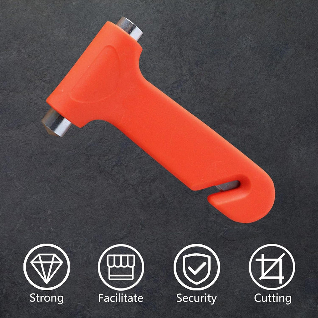 Two views of the car safety hammer highlighting its functions.