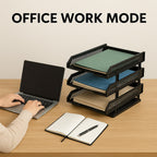 Multifunctional file rack neatly holding magazines and office supplies.