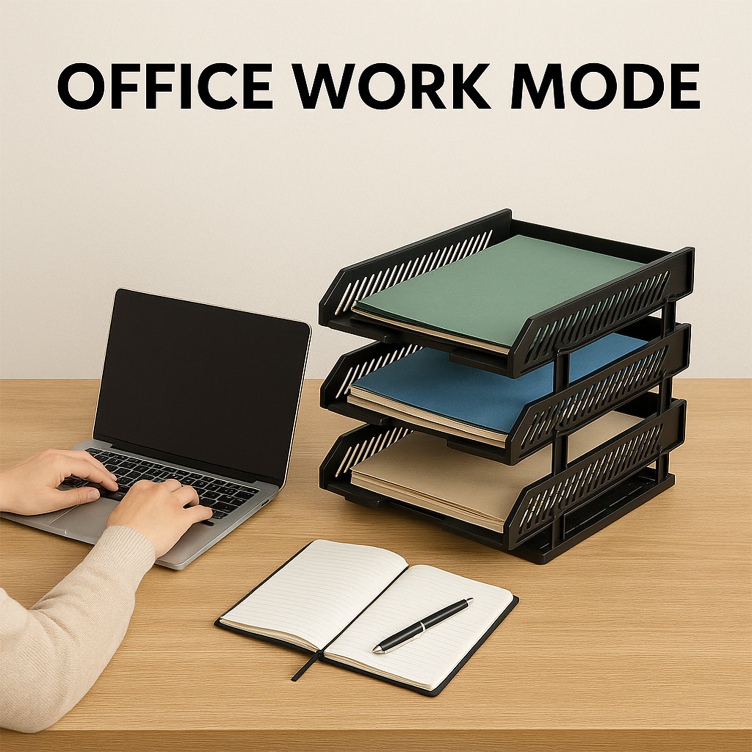 Multifunctional file rack neatly holding magazines and office supplies.