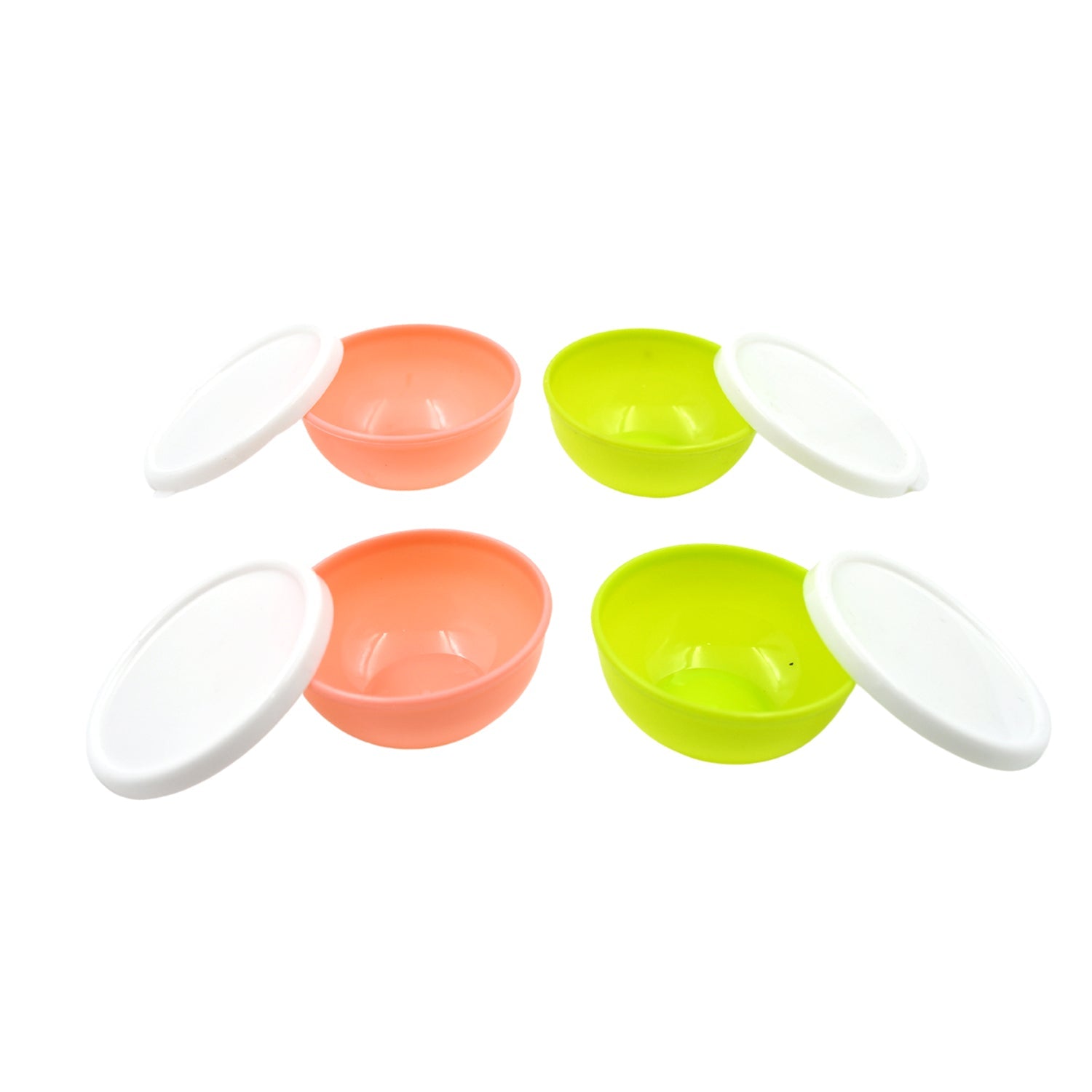 A small round plastic bowl with lid, filled with a vibrant chutney.