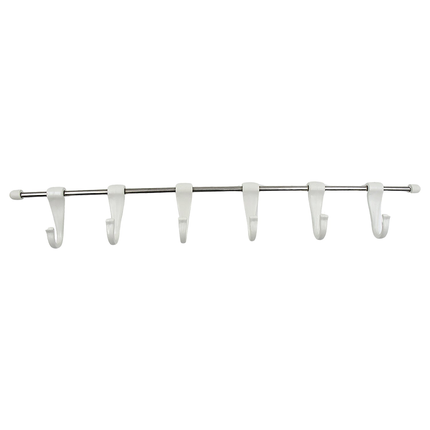 Top-down view of the stainless steel utensil hanger rail, showcasing its compact design and hooks.