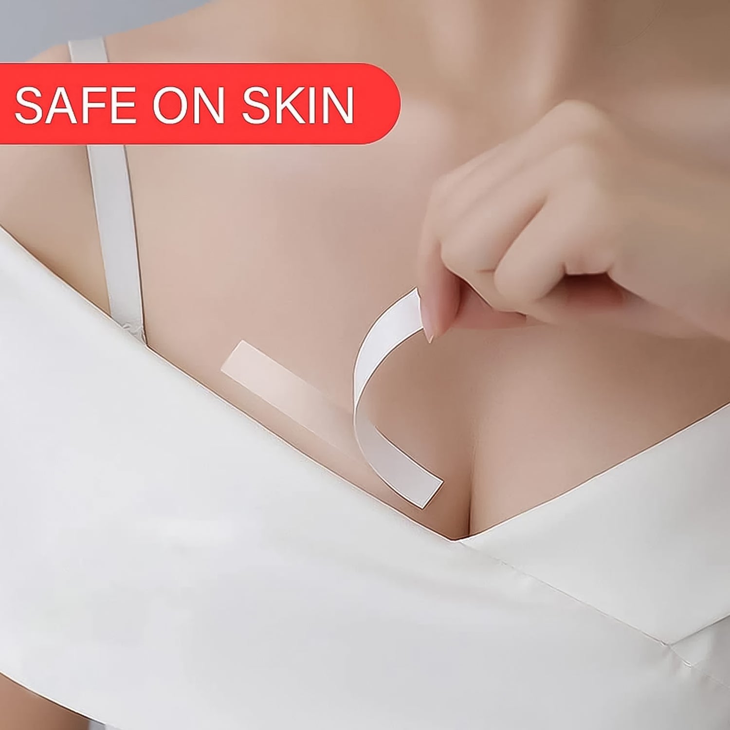 Woman applying anti-skid transparent fashion tape for a perfect fit.