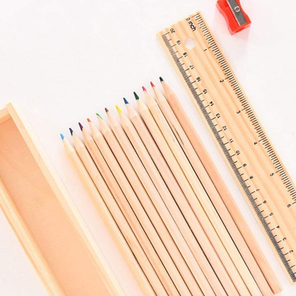 The wooden ruler and the colorful pencil box, essential accessories from the art kit.