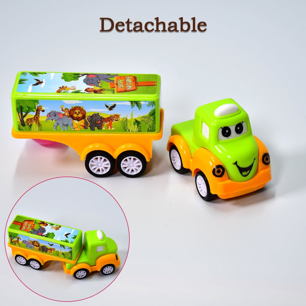Green and yellow educational toy truck on a plain background.